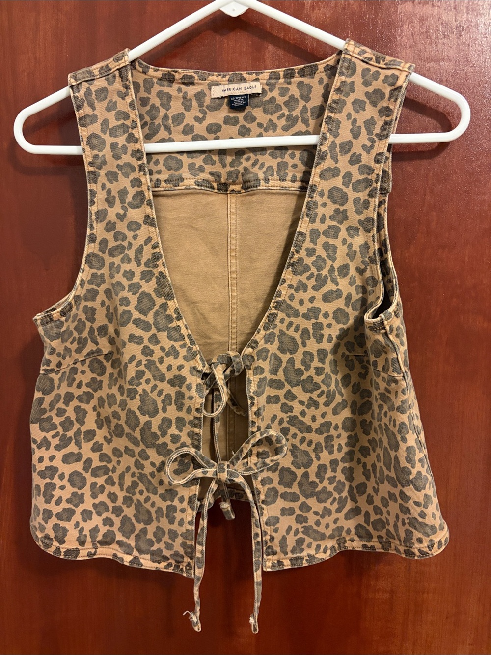 American Eagle Outfitters Tan Leopard Print Tie-Front Denim Jean Vest - Picture 2 of 4